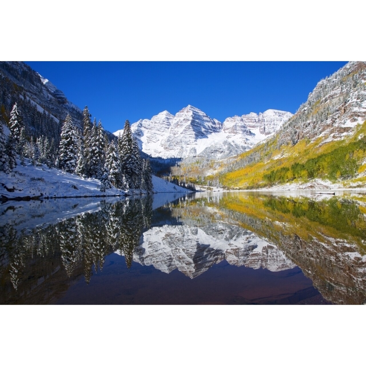 Usa Colorado Early Snow; Near Aspen Landscape Of Maroon Lake And Maroon Bells In Distance Poster Print